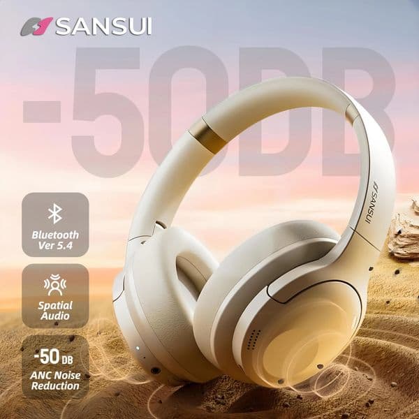 Sansui ANC Bluetooth 5.4 Earphones -50dB Active Noise Canceling Headset Wireless Over-Ear Headphone with External Microphone 250801