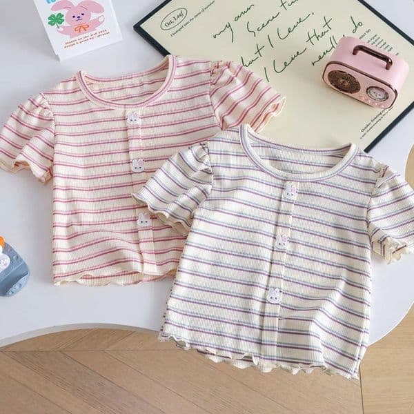 Children's T-Shirts Striped Print Rabbit Button Short Sleeve T-shirt Kids Clothes for Girls 2 T0 7 Years T Shirt