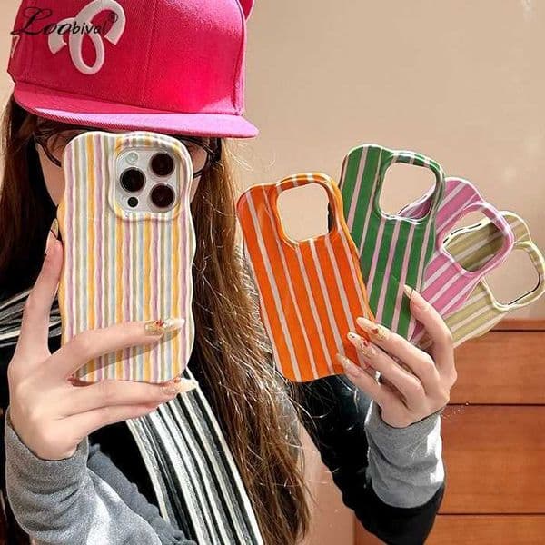 Colorful Stripes Glossy Wave Phone Case for 15 16 Pro Max 14 13 12 Double Color Contrast Hard PC Shockproof Ins CoverXJ250811