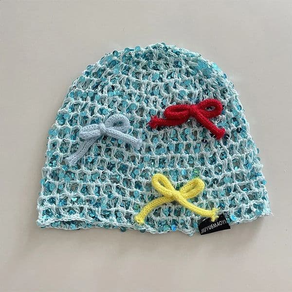 Y2k Sequin Bow Knit Toe Cap Decor Fishing Net Hat Handmade Sequin Hollow Breathable Fashion Spring Summer Pullover Woolen Hat 250805