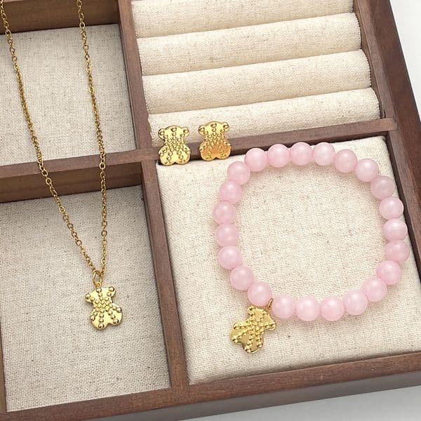 Designer New Arrival Fashion Women Men Silver Gold Stainless Steel Bear Pink Blue Bead Cartoon three-piece suit
