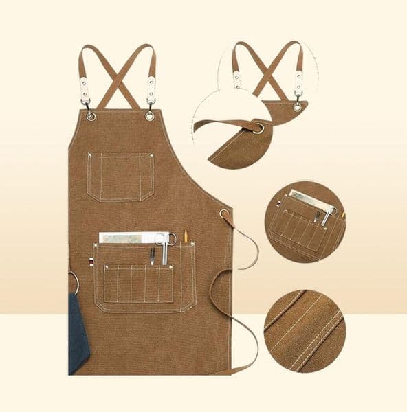 Aprons Kitchen Heavy Duty Canvas Barber Work Unisex Cross Straps Adjustable Salon Hairdresser Bib PU Leather For Men 2211223036213 B2