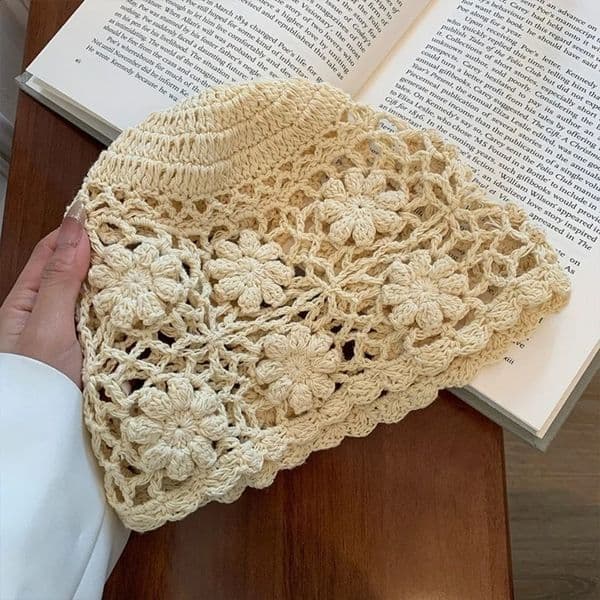 Casual Handmade Crochet Flower Hat Weave Y2k Knit Basin Caps Sweet Women Beanies Cap Ladies 250805