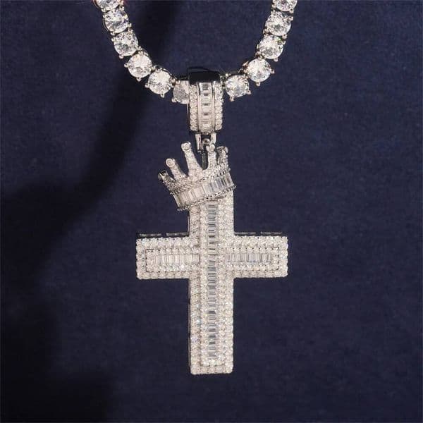 S925 Silver Chain Hip Hop jewelry with GRAMoissminer VVS moisssanite Crown Cross pendant male necklace passed the test
