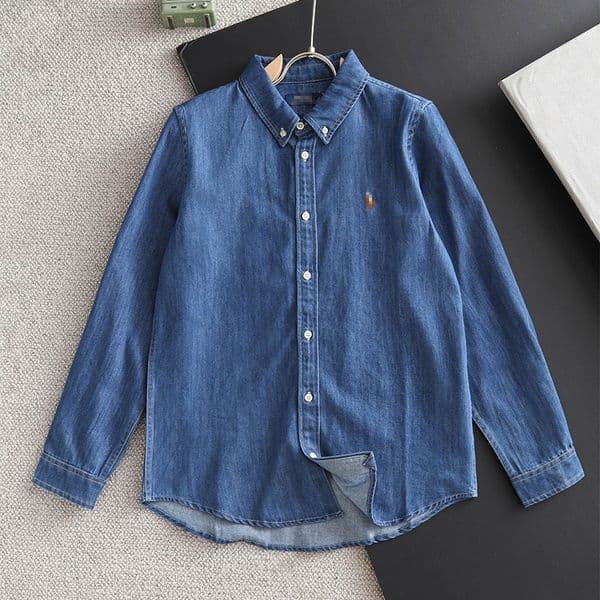 Designer Spring and Autumn men's embroidered ponytail long sleeved washed denim shirt jacket polo style classic design fabric comfortable