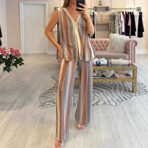 Women's Two Piece Pants 2 Clothing Striped Color Matching Sexy Sleeveless V Neck Top & Loose Summer