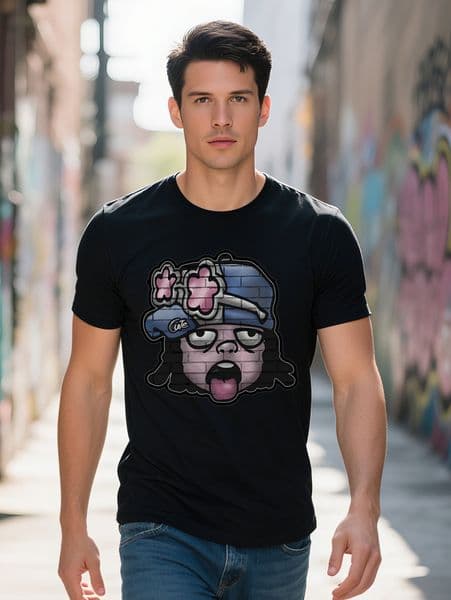 s Casual Graphic T-Shirt with Cartoon Print Black Crew Neck Tee Summer Streetwear Perfect Gift for Men