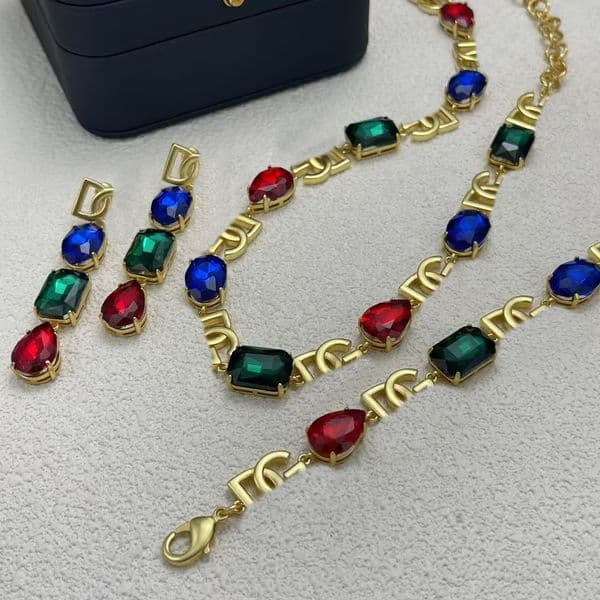 New Designed women colorful crystals letters pendant Necklaces gold Copper Plated pearls Brooch earring fashion Designer Jewelry DG-N0616