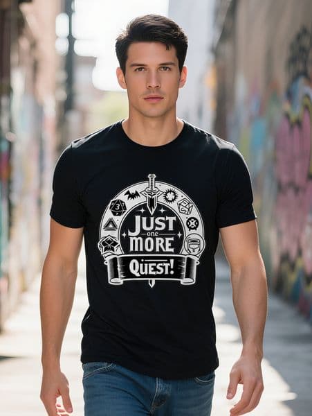 Men S Just One More Graphic T Shirt Casual Black Tee with Sword Dice Design JUST ONE MORE Quest Print Soft Fabric