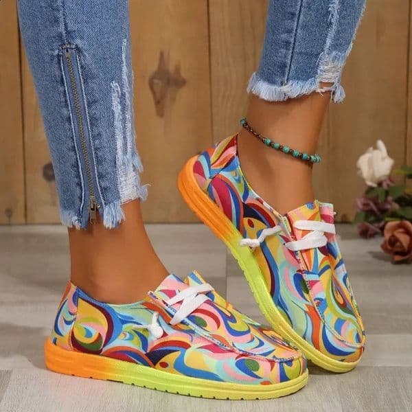 Women Ethnic Rainbow Canvas Shoes Autumn Casual Daily Ladies Flat Shoes Round Toe MultiColor Print Laceup Sneakers 250910BJ