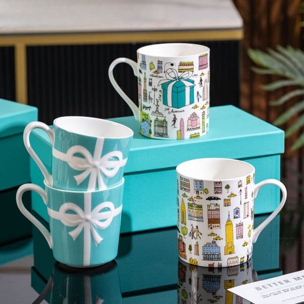 Hand Painted Urban Life Cup Saucer Milk Coffee Cup Classic Blue Gift Box Bone China Cup