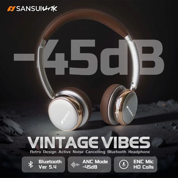 Sansui Retro ANC Bluetooth 5.4 Headphones with -45dB Active Noise Cancellation 50H Over-Ear Wireless Headset HD Calls 250812