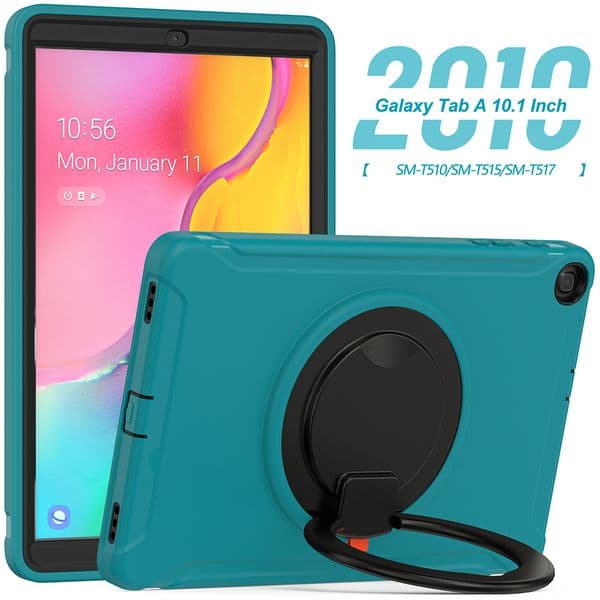 Case For Samsung Galaxy Tab A 10.1 inch T510/T515 Handle Protective Cover 360 Rotating Ring Stand, Shockproof Rugged Protective Tablet Cases (2019) (Black)(PET Film)