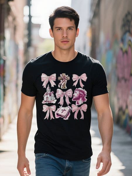 Casual Versatile Round Neck T-Shirt Pink Bow and Cross Print Pattern Top Men's Gift