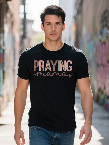Men S Casual Crew Neck T-Shirt with Praying Mama Graphic Light Brown Pink Design Perfect for Summer Comfort
