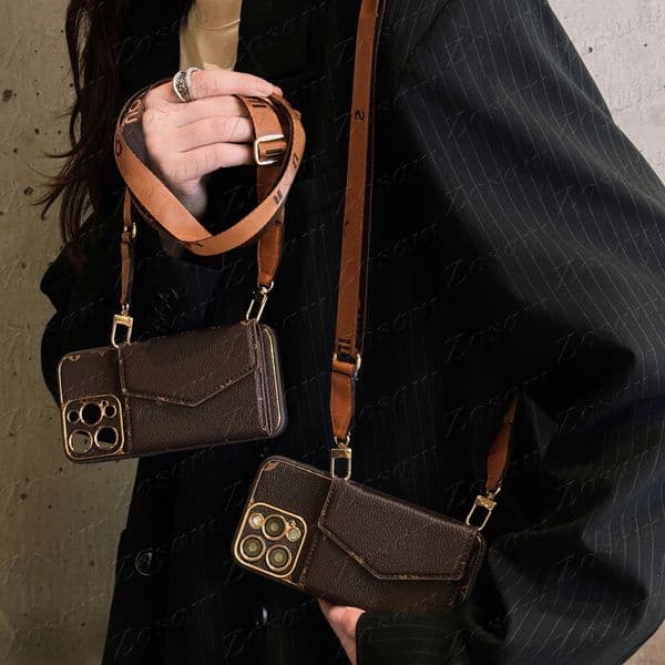 Luxury Organ Card Pocket Phone Case for iPhone 17 Air 16 15 14 Plus 13 12 11 Pro Max Plated TPU Leather Protection Shoulder Neck Crossbody Strap Cover 16pro 15pro 14pro