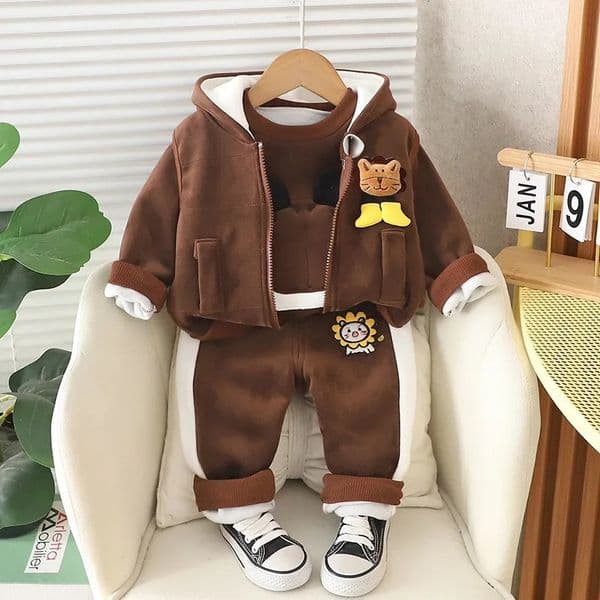 Baby Boys Clothing Set Autumn Winter Cartoon Lion Fleece Thick Hooded Jacket Coat Pants 3Pc Suit for 1-4 Years Kids Warm Outfits 250813