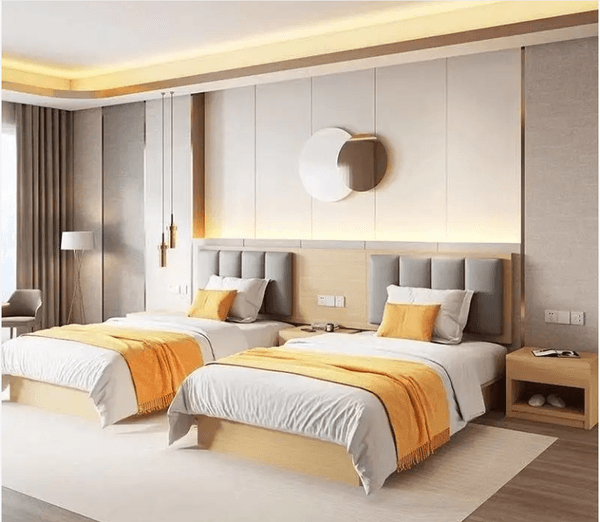 Hotel furniture type A includes 1 suite door, 2 bed boxes, 2 bed backrests, 1 bedside table, 1 wardrobe, 1 luggage cabinet, 1 tea cabinet, and 1 desk