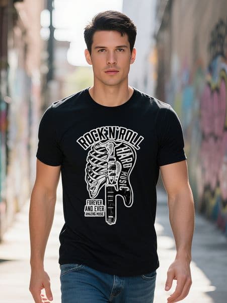 Men s n Roll Graphic T-Shirt Black with White Guitar Ribcage Print Forever Free Slogan Casual Round Neck Summer