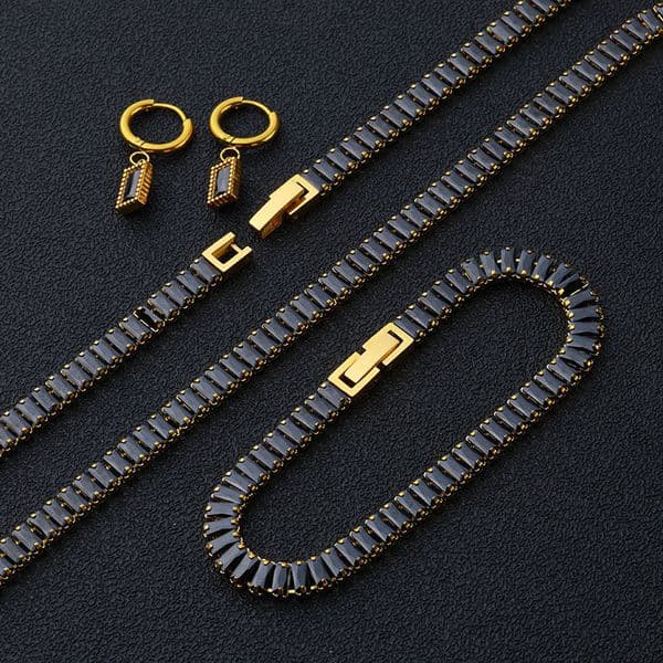 6mm Stainless Steel Black Cubic Zirocn Tennis Chain Necklaces Bracelet Earrings