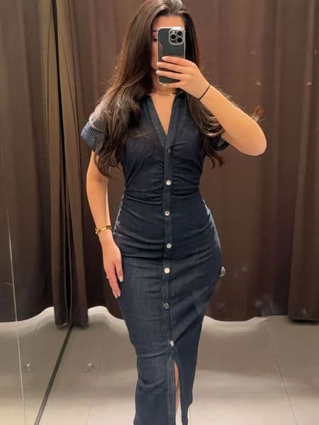 Elegant Pleated Single Breasted Denim Dress Women Fashion Short Sleeve Lapel Solid Vestidos 2025 Lady Chic Slim Fit Commute Robe 250813