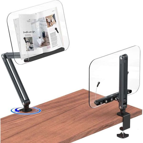 YCNEW Desktop Clip Acrylic Book Stand Reading, Ergonomically Designed, Adjustable Height to 20inch (Approximately 50.8cm ) with Rotating Base Recipe Holder, 123