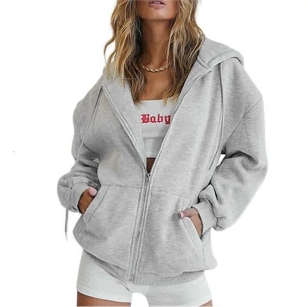 Fashion Gray Zip Up Sweatshirt Women Autumn Winter Jacket Clothes Hoodies Daily Pockets Long Sleeve Solid Versatile Lady 250814