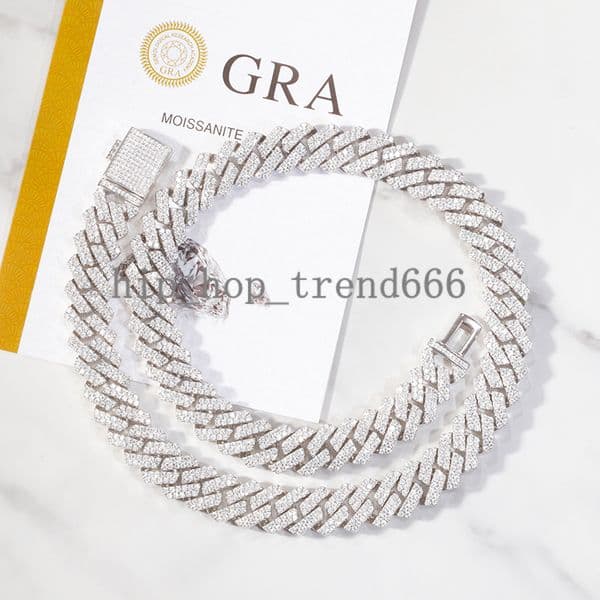 Wholesale Price in Stock Moissanite Cuban Chain 2rows 15mm S925 Silver VVS Moissanite Iced Out Cuban Link Chain Necklace