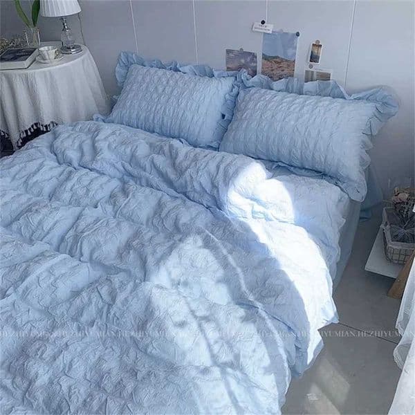 INS Girl Blue Bedding Sets Solid Color Seersucker Ruffles Lace Kawaii Soft Sheet Woman Duvet Cover Quilt Cover W250815