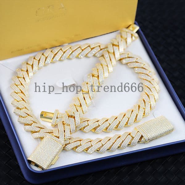 Popular Hiphop Cuban Link Chain 15MM 20MM 925 Silver Yellow Gold Plated VVSMoissnaite Cuban Chain Necklace With GRA Certificate
