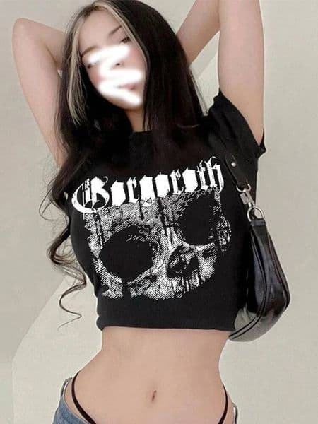 2026 Retro Short sleeved T shirt Gothic Harajuku Printed Pattern Flat Head Skull Skull Punk Streetwear Aesthetic Female Mujer Top Designer Top