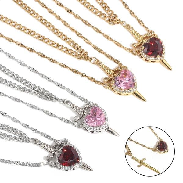 LATS 2pcs Can Be Assembled Heart and Sword Zircon Pendant Necklace for Women Men Couple Silver Gold Plated Choker Chain Jewelry 250812