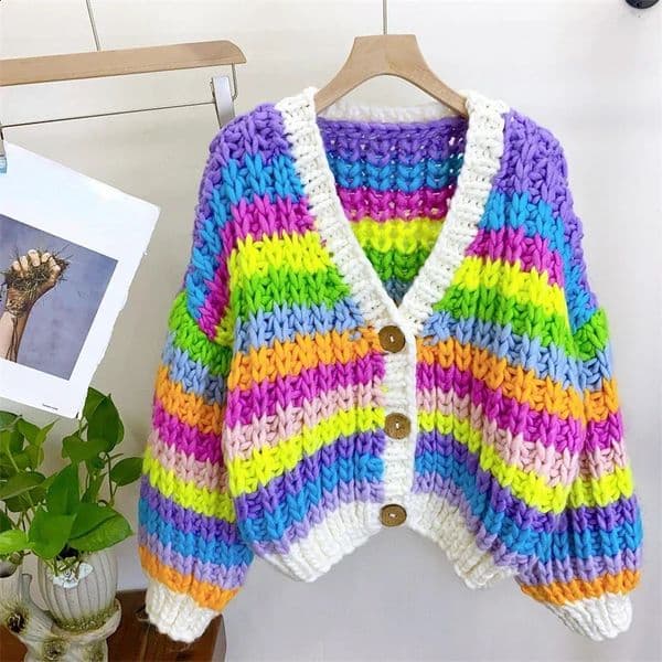 Women Handmade Rainbow Colorful Warm Chunky Knit Bulky Cardigan Multi Color Sweater Coat Autumn Winter in Woman Clothing 250815