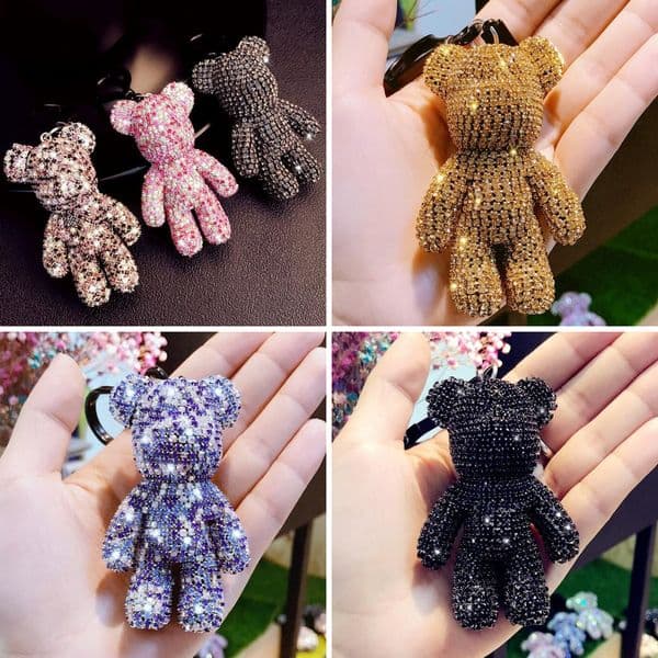 Fashion bag charm keychain designer full rhinestone cute cartoon bear crystal keychain for woman Birthday gift key chain women's handbag designer keychain wallet
