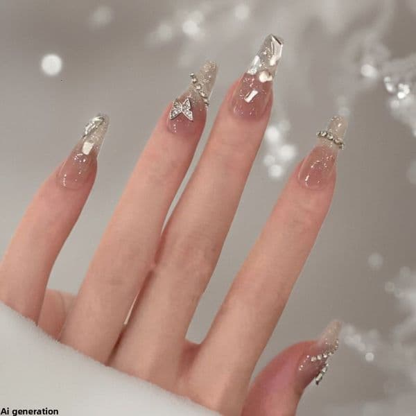 Fake Wearable Nails Long Brightening Chain Rhinestone 3D Butterfly Detachable Finished Nail Tips Bridal Style