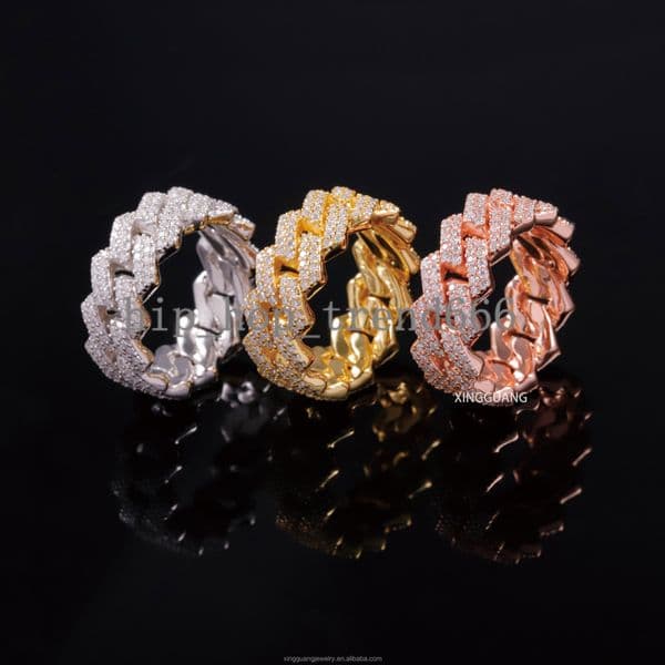 Ready to Ship 18K Real Gold Plated All Size 2Rows Cuban Ring Ice Moissanite Hip Hop Cuban Link 925 Sterling Silver Rings for Men