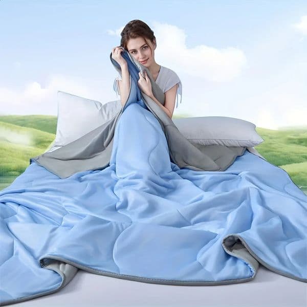 Ultra-Soft Cooling Summer Blanket - Light Blue Gray Quilted n Breathable Machine Washable Perfect for Bed or Sofa 250811