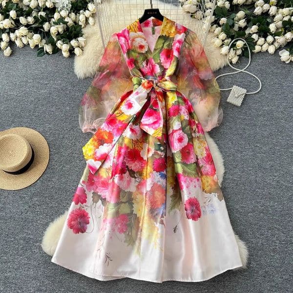 Gorgeous Flower Print Bandage Lace Up Wrap Dress Women Cross V Neck Lantern Sleeve Mesh Patchwork Thick Satin Long Party Vestido 250808