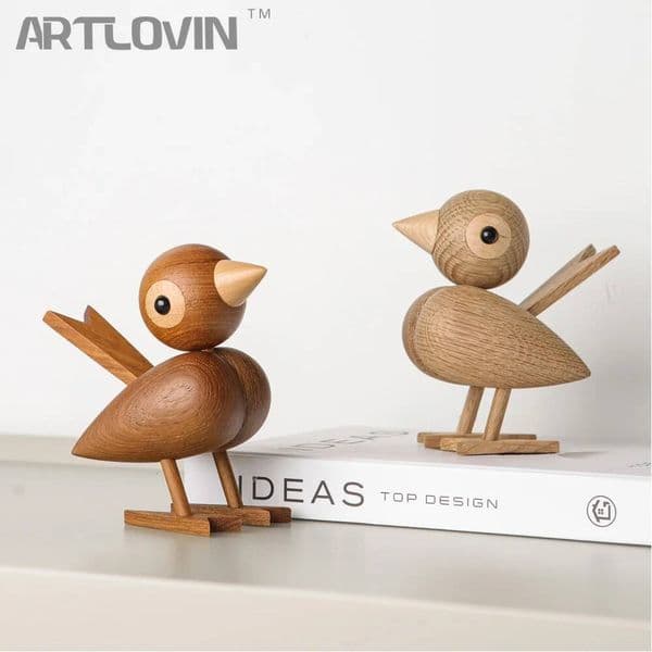 Nordic Style Oak Sparrow Figurine Wooden Dolls Lovely Nature Teak Wood Bird Figures Ornament Home Decor Shelf Decoration Crafts high-quality
