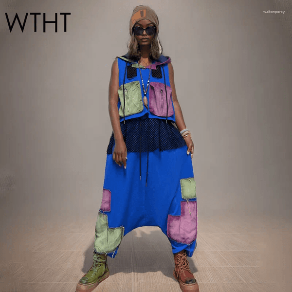 Women's Two Piece Pants WTHT Fashion 2025 Summer Pockets Patchwork Hooded Vest Vintage Contrast Color High-waisted Straight Female 1LS1792