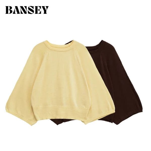 Womens Casual Fashion Trendy Round Neck Wide Sleeve Comfortable Knitted Sweater Top Yellow Blouse Daily Outlooks 250818