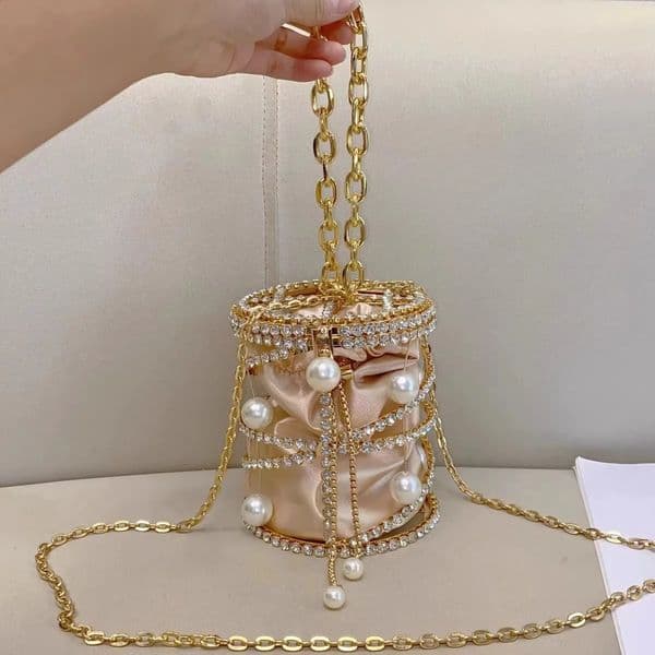 JIOMAY Womens y ner Silk Satin Bucket Bag CrystalEmbellished Metal Pearl Evening Clutch 250815BJ