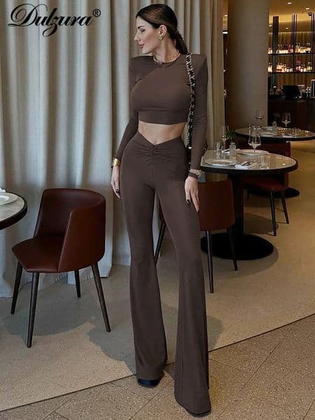 Dulzura Sexy Elegant Matching Suits Long Sleeves Top Flare Pants 2 Pieces Sets Women Clothes Lady Simple Outfits Party Club Y2K 250818BJ