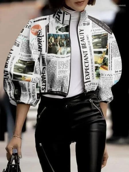 Women's Jackets Lemongor 2025 Women Fashion Spaper Printed Stand Collar Loose Fit Sleeves Urban Casual Trendy Outerwears
