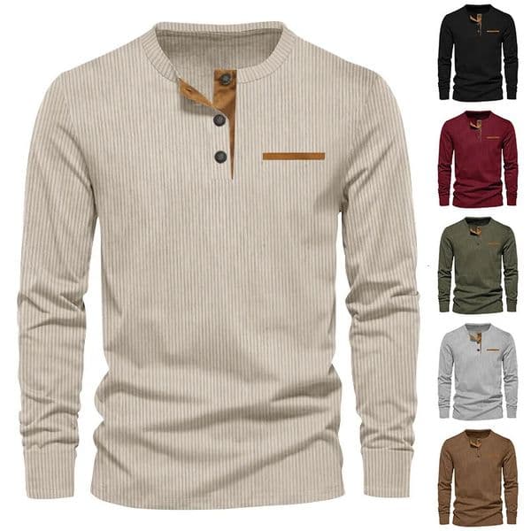 Mens Long Sleeve Tshirt Spring And Autumn Comfortable Corduroy Pocket Daily Casual Henry Shirt Fashion Clothing 250818