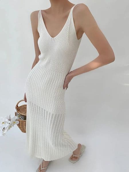 Womens Slim Fit Spaghetti Strap Ankle Length Dress Office Lady Elegant Minimalist V Neck Knit Summer Sleeveless Long 250801BJ