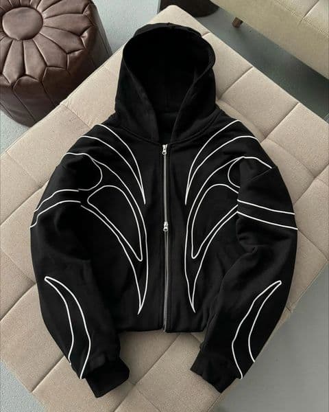 Streetwear Y2K Black Zip Hoodie Harajuku Geometric Lines Graphic Oversized Sweatshirt Men Women Long Sleeve Jacket Goth Clothing 250819BJ