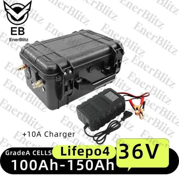 Waterproof 36V 150Ah 100Ah 120Ah LiFepo4 lithium battery pack with BMS for fishing boats solar system motor EV RV+10A charger thumbnail 2