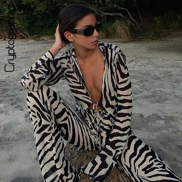 Cryptographic Animal Print Mesh Sheer Stripe Tie Front Detail Top Matching Sets Fashion Outfits 2 Piece Sets Holiday Beachwear 250818