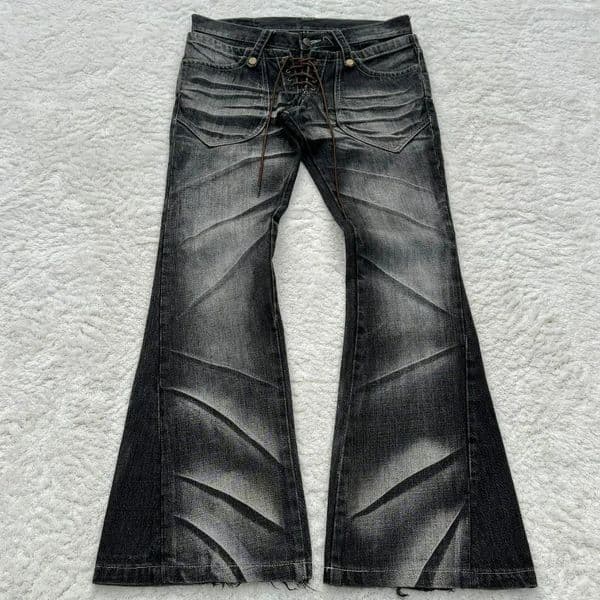 Men's Jeans Y2k Flared Lace Up Retro Washed Prints Double Waist Slim Fit Gothic High Street Wear Unisex Bootcut